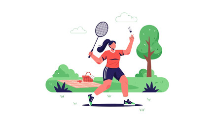 Illustration of a woman playing badminton in a park, representing sports and leisure