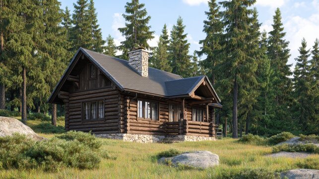 Cozy log cabin nestled among lush green trees in a serene forest setting, perfect for relaxation