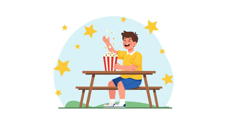 Fototapeta premium Joyful Boy Enjoying Snack Outdoors Under a Sky Adorned With Golden Stars