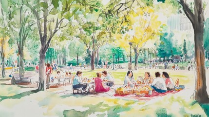 A watercolor drawing of people enjoying a picnic in a sunny park 