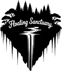 A striking black and white vector silhouette of a fantasy floating island with a forest and a majestic waterfall © rs_studios