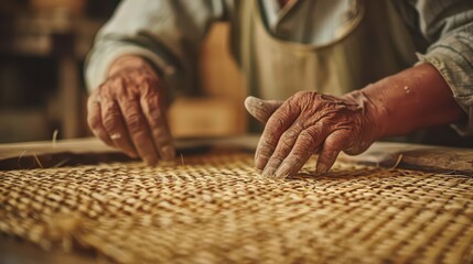 Hands weaving a textured mat with intricate patterns in a workshop setting showcasing craftsmanship