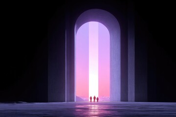 Fototapeta premium Majestic archway leads to vibrant sunset, silhouettes of figures