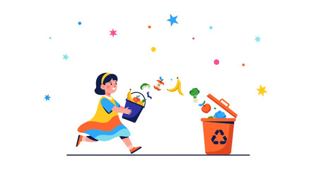 Joyful Child Disposing Food Waste into Recycling Bin with Eco-Conscious Focus