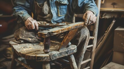 Craftsman working on a wooden piece while sitting on a chair in a workshop with tools around him