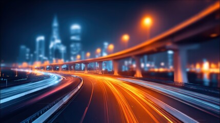 Naklejka premium Nighttime cityscape with illuminated highways and skyscrapers, showcasing urban life and movement