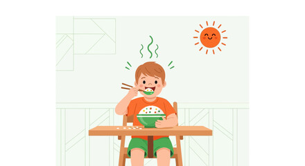 Joyful Child Enjoying Meal While Sitting In A Tall Wooden Chair And Embracing Sunshine