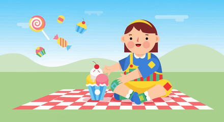 Joyful Child Enjoys Delightful Dessert Picnic, Celebrating Sweetness Outdoors Peacefully