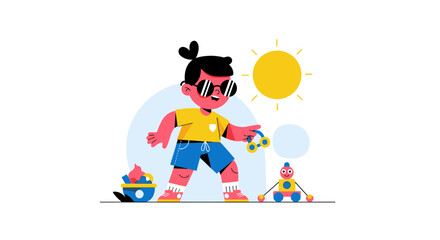 Joyful Child Enjoying Summer Vacation Fun With Sunglasses And Cute Illustrations