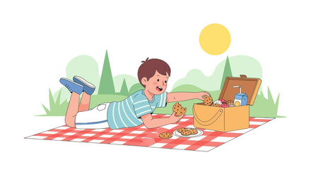 Joyful Child Enjoys Picnic, Sunshine, And Delicious Cookies On A Cheerful Summer Day