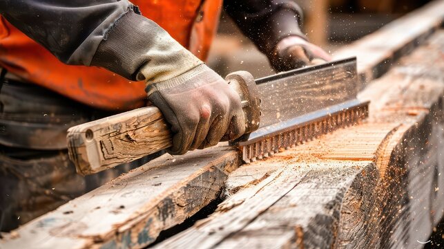 A carpenter using a hand saw to cut a piece of wood with sawdust flying through the air in close up view - Powered by Adobe