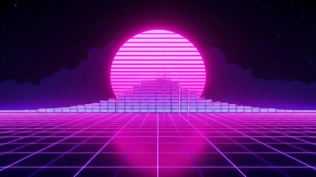 Retro neon futuristic glowing sound wave bar with pink, purple, and blue grid background and digital sun on abstract dark background. 4k video