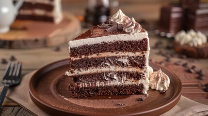 A slice of layered chocolate cake with white frosting and chocolate shavings on a brown plate