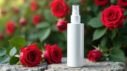 White spray bottle with red roses and green leaves in soft focus background