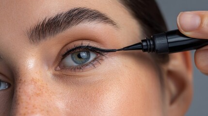 Naklejka premium Beauty model applying stylus eyeliner with precision for a flawless look in a close-up shot