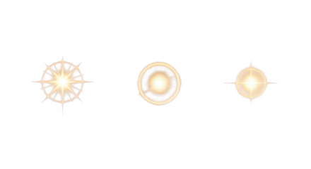 Set of three golden light effects isolated on transparent background for design