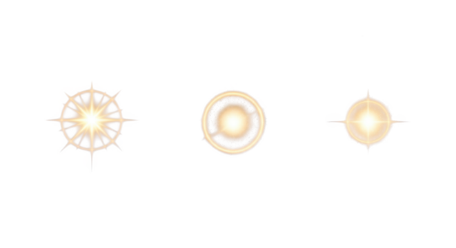 Set of three golden light effects isolated on transparent background for design