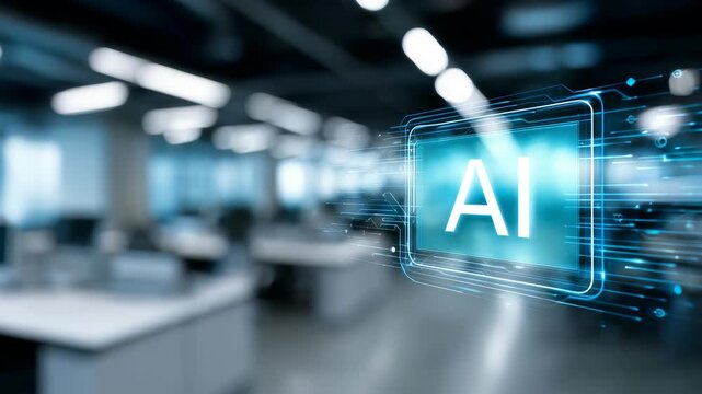A luminous AI hologram floats in a contemporary office, representing the rise of artificial intelligence in professional settings. This image highlights digital transformation and smart solutions
