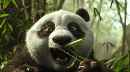 Close up of a panda bear with wide eyes eating bamboo in a lush green forest environment looking happy