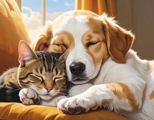 Obraz premium Two sleepy pets, a dog and a cat, cuddling together on a mustard-yellow couch in a sunlit room, showcasing a warm and peaceful scene.