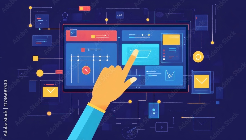Wall mural the illustration shows a hand interacting with a digital dashboard interface that features various d