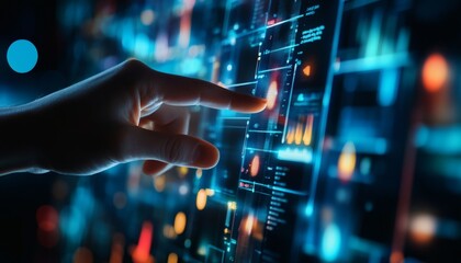 A person's finger is touching a screen displaying an array of glowing charts, graphs, and digital information in a dark setting.