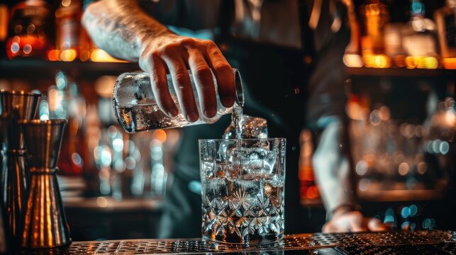 Skilled bartender in uniform carefully pours crafted cocktail into glass, close-up of liquid stream with bar counter background