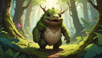 A fluffy, green creature with antlers strolls through a sunlit forest path, showcasing lush vegetation and a peaceful atmosphere.
