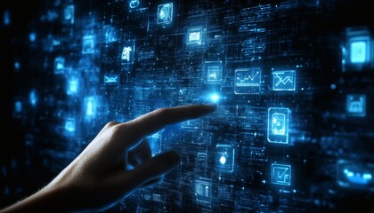 A hand points to a glowing digital screen filled with blue icons representing various applications and data streams, all set against a dark background.