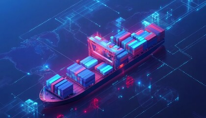 A digital illustration depicts a container ship carrying numerous cargo containers, set against a backdrop of a glowing world map, illustrating global trade and logistics.