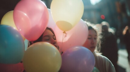 Obraz premium Pastel balloons bunch authentic teaching moment realistic human expressions natural soft lighting shallow DOF cinematic tones photorealistic DSLR photo 85mm lens professional candid style