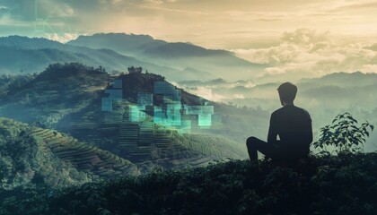 A person sits on a hillside overlooking a valley of terraced hills covered in lush green vegetation, with a misty mountain range in the background.