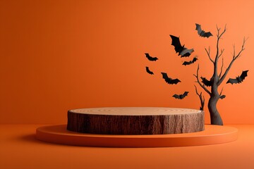 Halloween product display with a spooky chic scene featuring a wooden podium, bats, and a bare tree against a vibrant orange backdrop