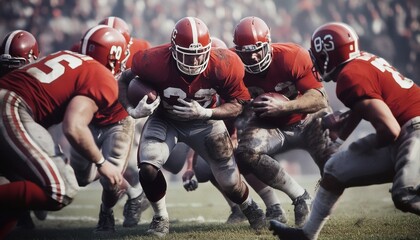 The image shows a group of football players, wearing red jerseys and helmets, running across a muddy field during a game; the players are in motion, and the details of their faces are not visible.