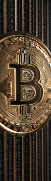 Close-up of The metal texture and complex circuitry etched on Bitcoin coins