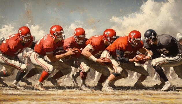The illustration shows a lively American football game, with players in red and black uniforms intensely engaged in the action on a field.