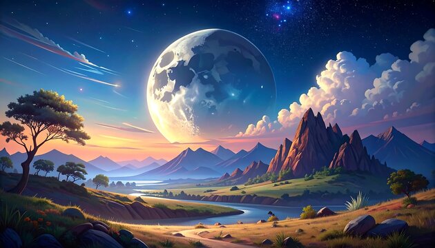 A serene landscape painting depicts a vast valley with towering mountains, a placid river, and a large celestial moon, all bathed in a soft, warm sunset light.