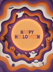 3D Paper Cut Art Happy Halloween Banner Design with Layered Moon, Ghosts, and Pumpkins