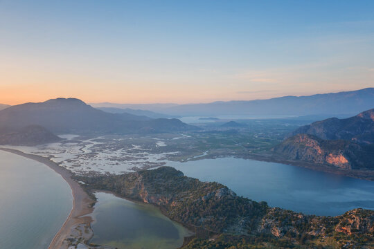 Dalyan Turtle bay sunset landscape with calm waters