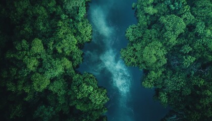 Fototapeta premium A calm river flows between lush green trees, creating a scenic natural landscape.