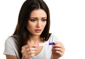 A young woman looks at a pregnancy test strip with a worried expression on a white background