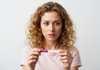 A young woman looks at a pregnancy test strip with a worried expression on a white background