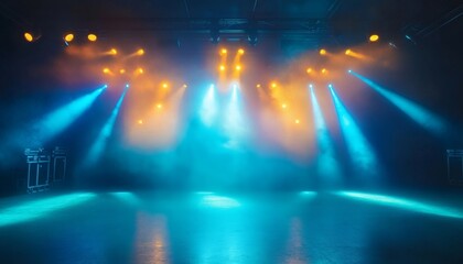 Fototapeta premium A dark stage is lit with several bright blue and orange stage lights, creating a dramatic atmosphere in an empty venue.