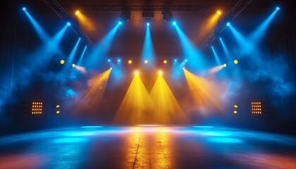 A stage is set up with multiple spotlights creating blue and yellow beams of light on the floor, with some smoke or haze present.