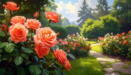 A picturesque garden path winds through vibrant blossoms of peach-colored roses, bathed in sunlight, creating a serene and beautiful scene.