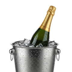 A bottle of champagne in an ice bucket with a trail on a white background