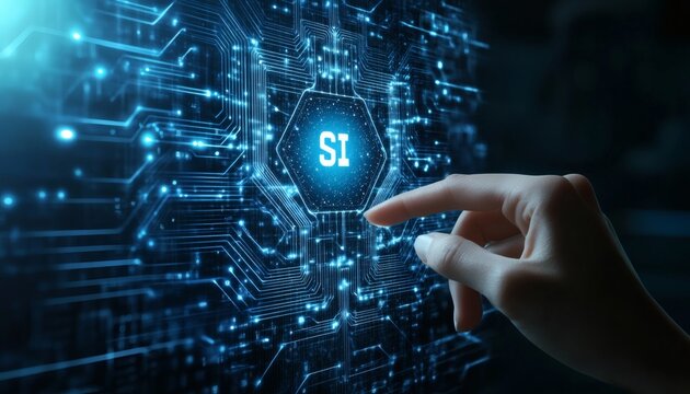 A hand points to a glowing hexagonal icon with the letters SI on a digital circuit board background, which is dark blue and black.