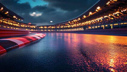 The image shows a race track at night with the asphalt wet from rain, reflecting the lights of the surrounding stadium.
