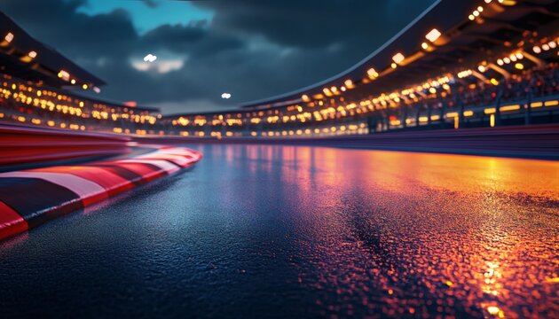 The image shows a race track at night with the asphalt wet from rain, reflecting the lights of the surrounding stadium.