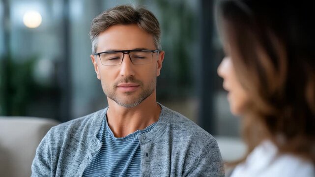 A mature man wearing glasses sits indoors, engaging in a thoughtful discussion with a woman. The scene captures attentive listening, emotional intelligence, and interpersonal connection